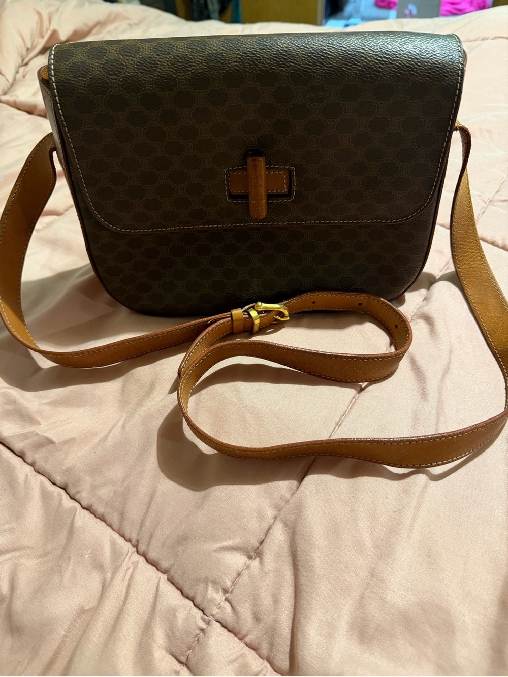 Celine Brown Monogram Shoulder Bag with Tan Trim - Picture 11 of 12